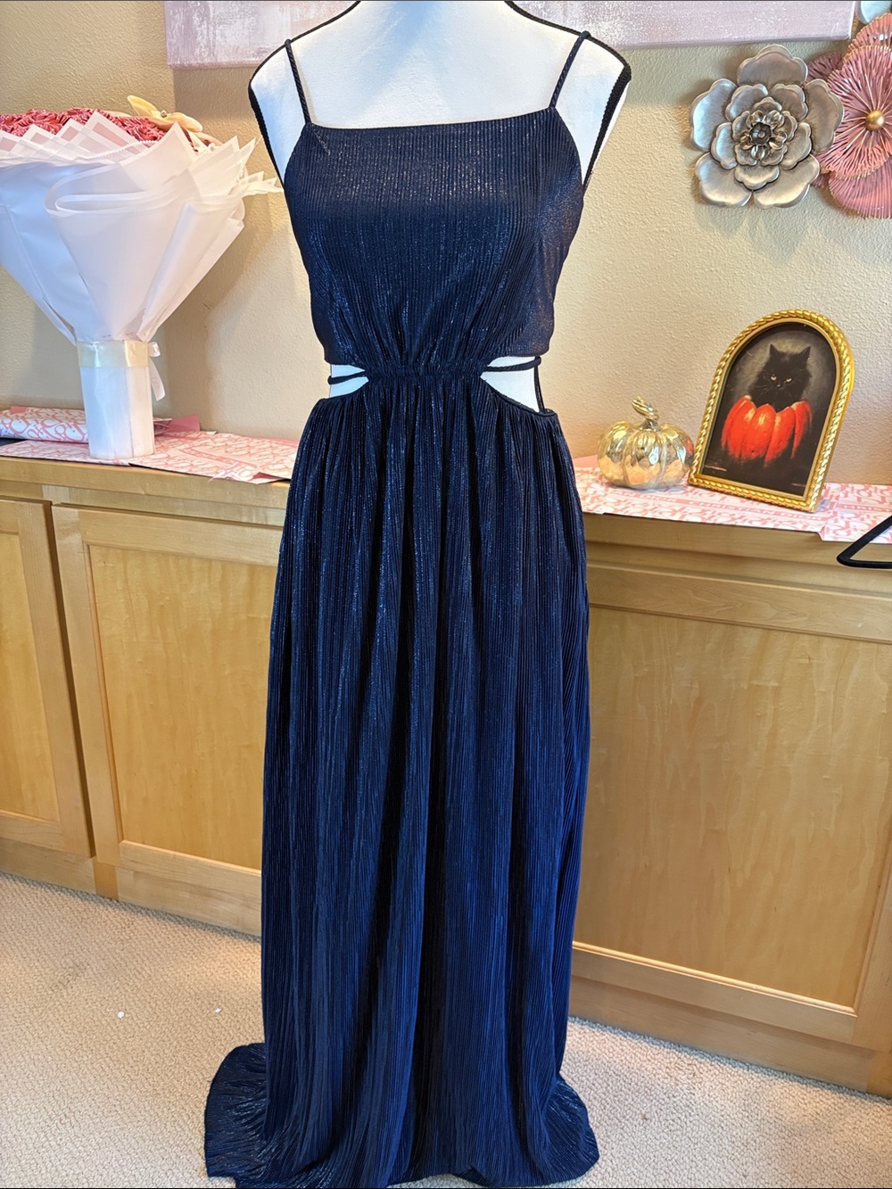 SIMKHAI Daisy Metallic Pleated Cutout Maxi Gown in Navy Blue